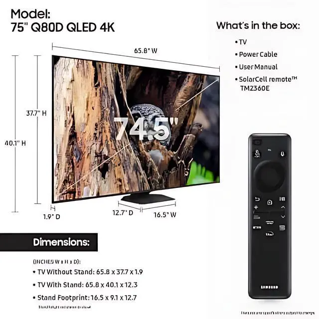 Alt view image 7 of 7 - Samsung 75" QLED Q80D 4K UHD Smart TV (QN75Q80D)  HDR10+, Quantum HDR, 120Hz, NQ4 AI Gen2 Processor, Titan Black  Bundle with UAX HDMI Cable, Screen Cleaner & 12-Mo CPS Protection