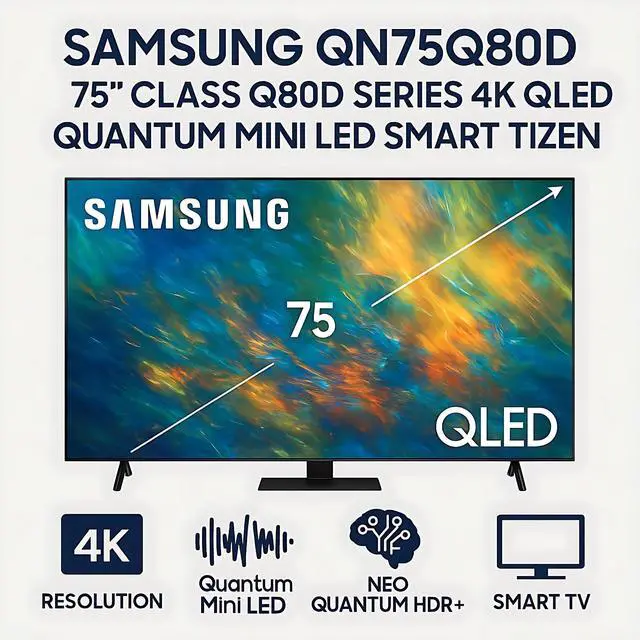 Alt view image 6 of 7 - Samsung 75" QLED Q80D 4K UHD Smart TV (QN75Q80D)  HDR10+, Quantum HDR, 120Hz, NQ4 AI Gen2 Processor, Titan Black  Bundle with UAX HDMI Cable, Screen Cleaner & 12-Mo CPS Protection