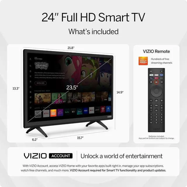 Alt view image 7 of 7 - VIZIO 24" Full HD 1080p Smart TV HDR, HDMI VRR, ThinFrame, Wi-Fi 5, Bluetooth, Alexa/Google/Siri Compatible Bundle w/ HDMI Cable, Screen Cleaner & 12-Mo CPS Protection