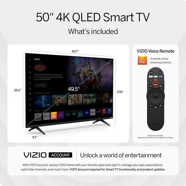 Alt view image 5 of 7 - VIZIO 50" Quantum 4K QLED Smart TV  Dolby Vision HDR10+, 120fps Gaming, HDMI VRR, Bluetooth, Alexa Compatible with HDMI Cable, 12-Month CPS Protection & Screen Cleaner