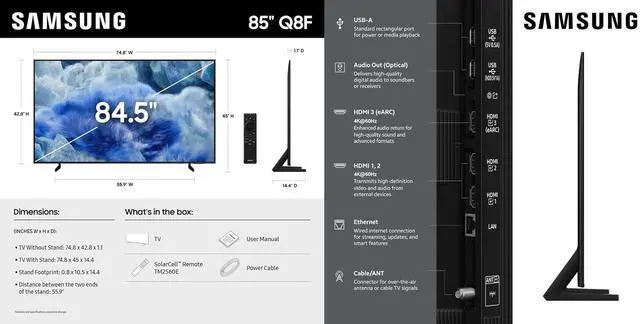 Alt view image 7 of 7 - Samsung 85" Q8F QLED 4K Smart TV Quantum Dot, HDR+, 144Hz VRR, Tizen OS, Voice Remote, 2-Year Warranty Bundle