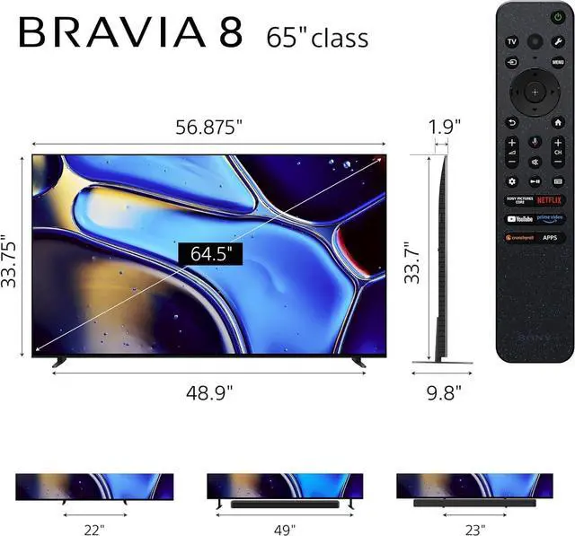 Alt view image 2 of 7 - Sony 65-Inch BRAVIA 8 OLED 4K HDR Google TV  XR OLED Contrast Pro, Dolby Vision, 120Hz, Acoustic Surface Audio+, HDMI 2.1, 24-Month CPS Protection, UAX HDMI Cable & Streaming Bundle
