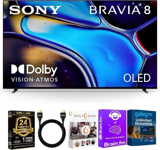 Main image of Sony 65-Inch BRAVIA 8 OLED 4K HDR Google TV  XR OLED Contrast Pro, Dolby Vision, 120Hz, Acoustic Surface Audio+, HDMI 2.1, 24-Month CPS Protection, UAX HDMI Cable & Streaming Bundle