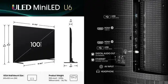 Alt view image 7 of 7 - Hisense 100U65QF 100 inch Class U6 Series 4K Mini-LED QLED UHD Smart Fire TV