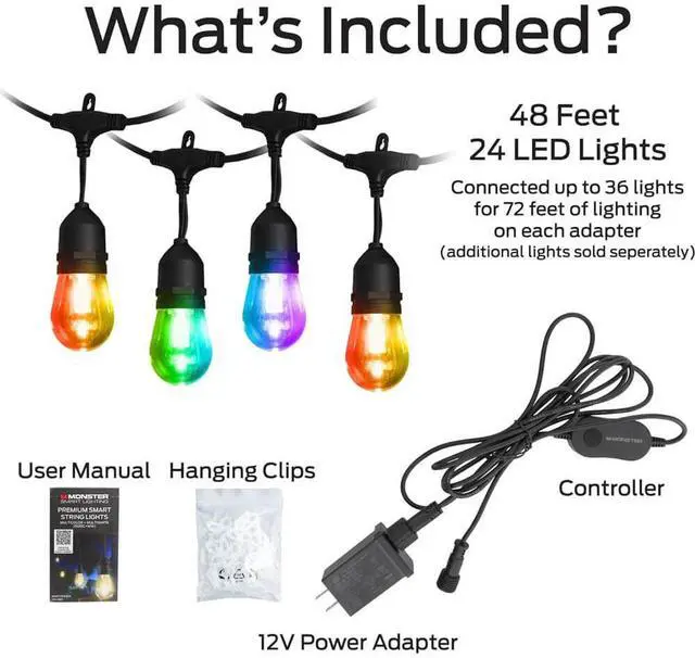 Alt view image 7 of 7 - Monster MOW71009ICW 24 Ft. Sound Reactive Smart Multi-Color Outdoor String Light