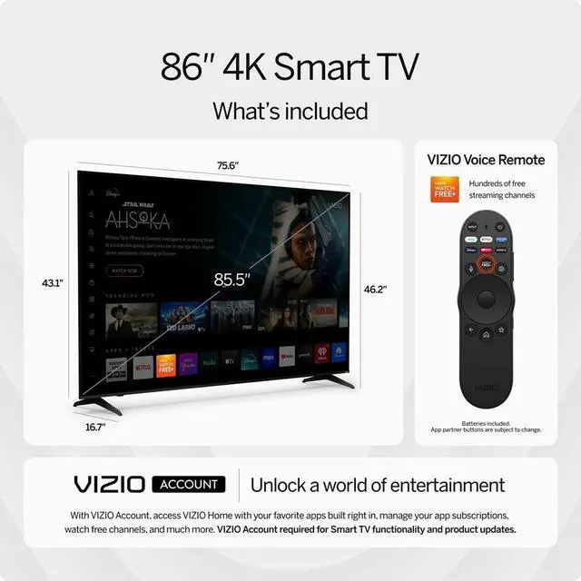 Alt view image 3 of 7 - Vizio 86-Inch 4K UHD LED Smart TV Bundle - Dolby Vision, HDR10+, VRR, Bluetooth, Alexa Compatible, Voice Remote with UAX HDMI Cable, 12-Month CPS Protection and Screen Cleaner with Microfiber Cloth.
