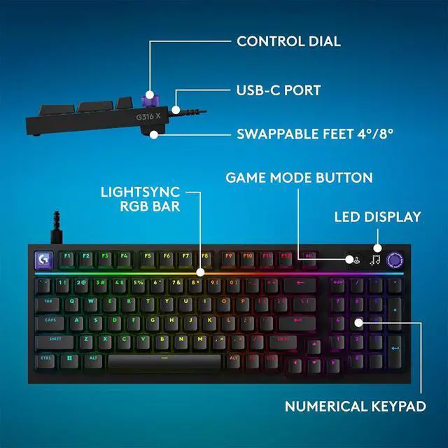 Alt view image 3 of 5 - Logitech 920014213 G316 X 98 Hot Swappable Gasket Mount Wired Gaming Keyboard with Linear Switches and Dial - Black