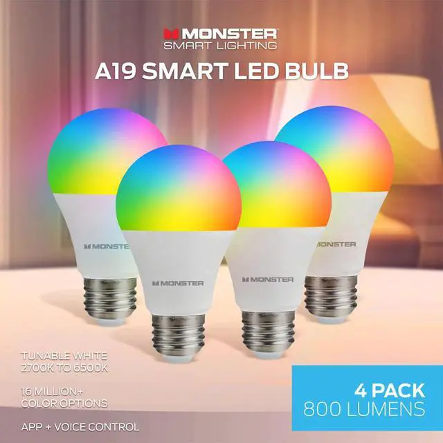 Alt view image 5 of 5 - Monster MBW710044PK Multi-Color and White A19 LED Smart Light Bulbs - 4 Pack