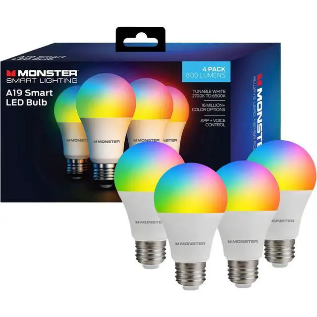 Alt view image 3 of 5 - Monster MBW710044PK Multi-Color and White A19 LED Smart Light Bulbs - 4 Pack