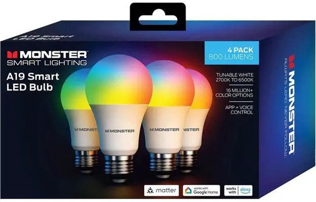 Main image of Monster MBW710044PK Multi-Color and White A19 LED Smart Light Bulbs - 4 Pack