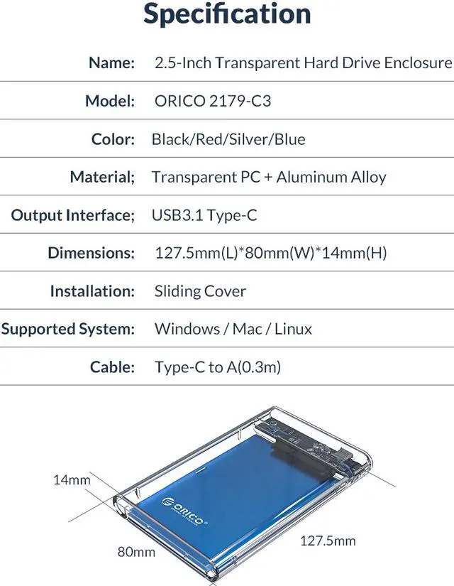 Alt view image 7 of 7 - ORICO Aluminum Type-C 2.5 Inch HDD Enclosure Case USB3.1 GEN 1 to SATA III External Hard Drive Disk Enclosure High-Speed Case for HDD SSD Support UASP SATA III 4TB Max (2179C3)