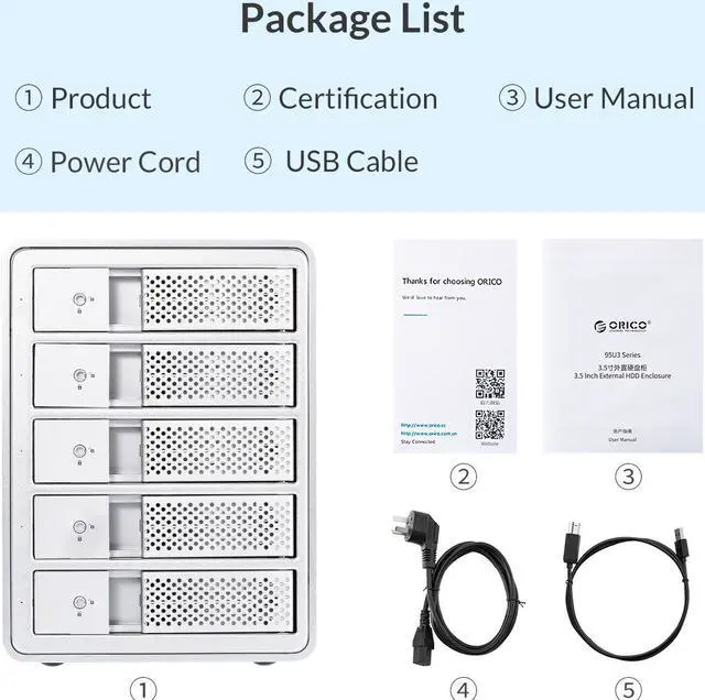 Alt view image 5 of 7 - [With RAID Function] ORICO Aluminum 5 Bay 3.5 inch Enclosure SuperSpeed USB 3.0 to SATA Hard Drive HDD SSD Case RAID 0/1/3/5/10/Combine/Clear RAID Models for Mac OS Windows PC Laptop  5*16TB Max