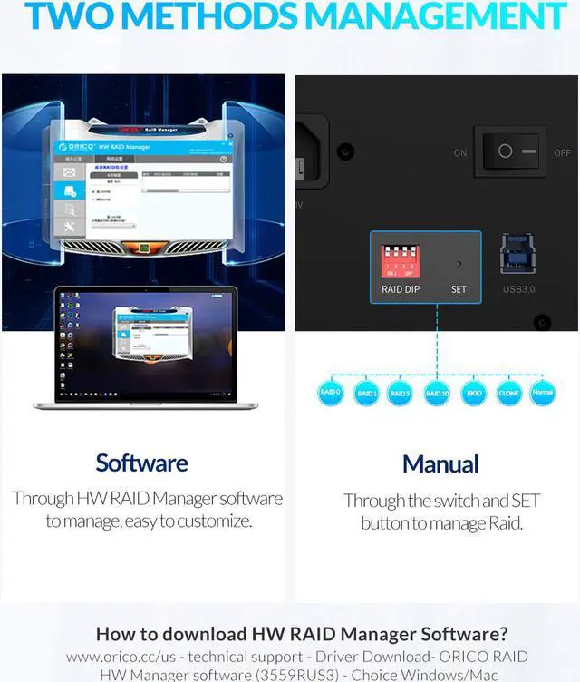 Alt view image 6 of 7 - ORICO 5 Bay Raid Enclosure External Hard Drive Enclosure Case Support 90TB for 2.5/3.5 in HDD SSD Aluminum Hard Drive Docking Station for Enterprise Data Storage Built-in 150W Power With Raid