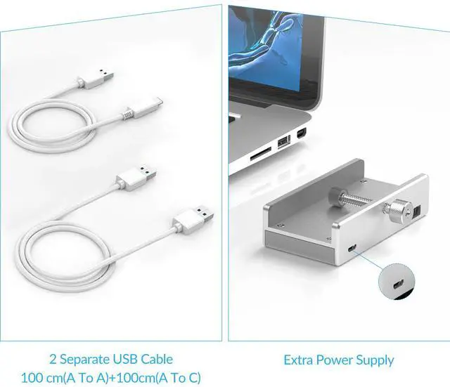 Alt view image 2 of 10 - ORICO USB 3.0 Hub Clamp Adapter, Aluminum 4-Port USB Splitter with Extra Power Supply Port and 4.92 FT USB Data Cable, Ultra-Portable USB Expander for 2021 iMac/Laptop/PC