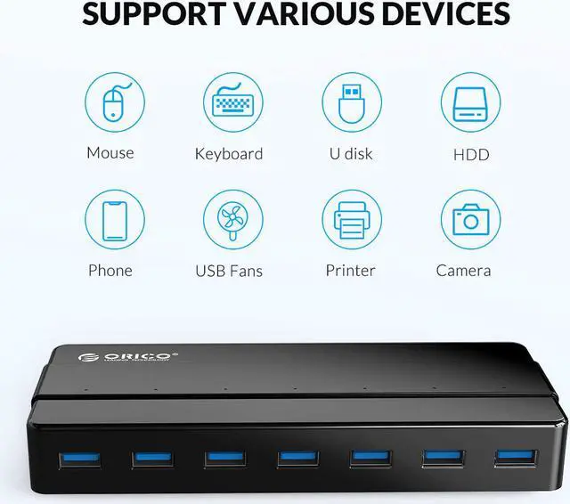 Alt view image 5 of 7 - ORICO USB 3.0 Hub 7-Port Powered USB3.0 HUB High-Speed Data Transfer with Premium 12V Power Adapter LED Indicator for Windows, Mac OS, Linux, USB Flash Storage and Other Devices