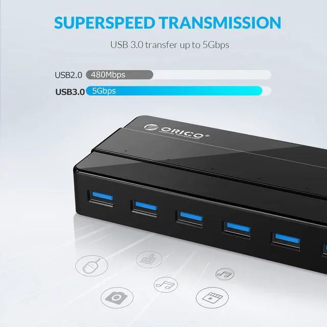 Alt view image 3 of 7 - ORICO USB 3.0 Hub 7-Port Powered USB3.0 HUB High-Speed Data Transfer with Premium 12V Power Adapter LED Indicator for Windows, Mac OS, Linux, USB Flash Storage and Other Devices