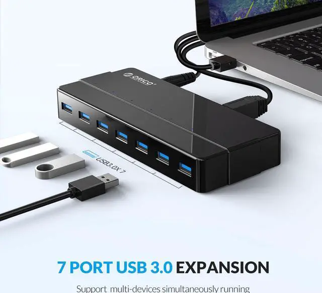 Alt view image 2 of 7 - ORICO USB 3.0 Hub 7-Port Powered USB3.0 HUB High-Speed Data Transfer with Premium 12V Power Adapter LED Indicator for Windows, Mac OS, Linux, USB Flash Storage and Other Devices