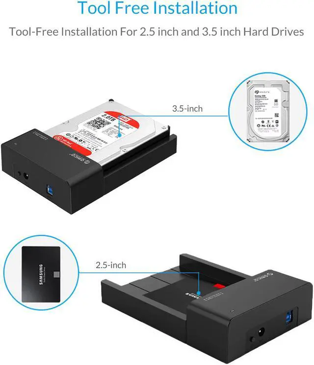 Alt view image 5 of 6 - ORICO Tool 2.5 & 3.5 In. USB 3.0 to SATA External Hard Drive Enclosure HDD SSD Docking Station [18TB Drive Max] Support SATA III UASP - Black (6518US3-V1-US)