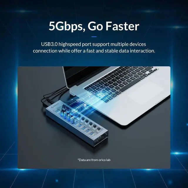 Alt view image 4 of 7 - ORICO USB Hub 3.0 Powered 13 Ports USB Data Hub with 12V5A Power Adapter, Individual Power Switches, and LEDs, USB Extension for iMac Pro, MacBook Air/Mini, PS4, Surface Pro, Notebook PC, Laptop