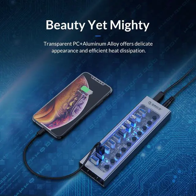 Alt view image 5 of 7 - ORICO USB Hub 3.0 Powered 7 Ports USB Data Hub with 12V2A Power Adapter, Individual Power Switches, and LEDs, USB Extension for iMac Pro, MacBook Air/Mini, PS4, Surface Pro, Notebook PC, Laptop, HDD