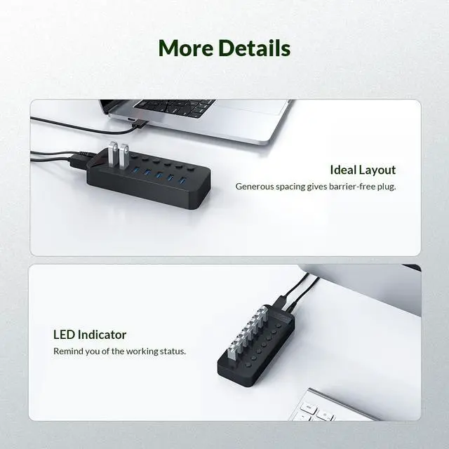 Alt view image 5 of 7 - USB 3.0 Hub ORICO Powered 10 Ports USB Data Hub with Individual Switches and Indicator, 12V Power Adapter Support BC1.2 Charging, USB Extension for iMac Pro, MacBook Air/Mini, PS4, Surface Pro, PC
