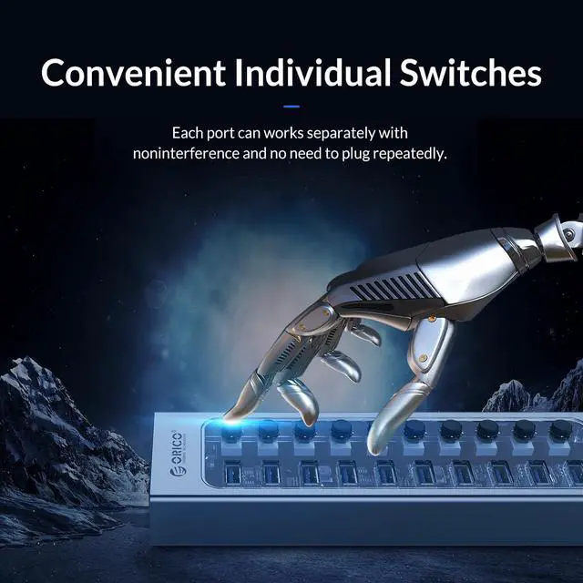 Alt view image 4 of 7 - ORICO USB Hub 3.0 Powered 7 Ports USB Data Hub with 12V2A Power Adapter, Individual Power Switches, and LEDs, USB Extension for iMac Pro, MacBook Air/Mini, PS4, Surface Pro, Notebook PC, Laptop, HDD