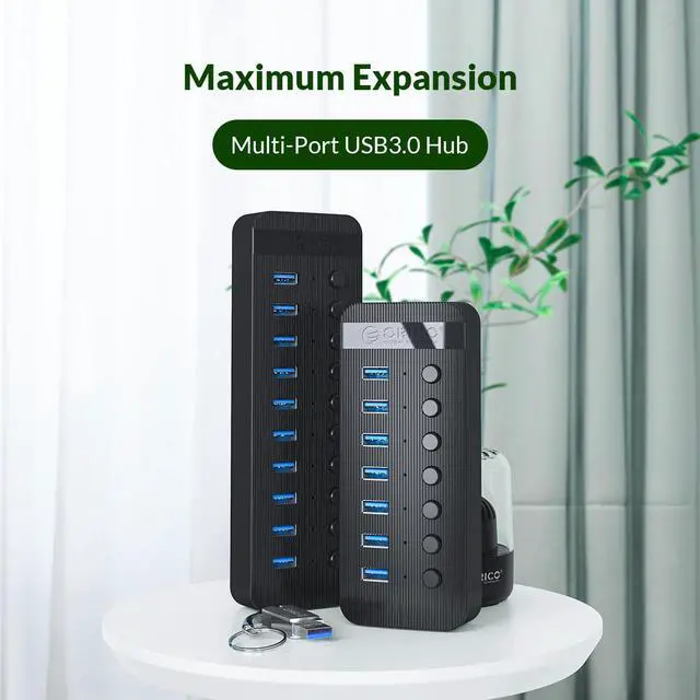 Alt view image 2 of 7 - USB 3.0 Hub ORICO Powered 10 Ports USB Data Hub with Individual Switches and Indicator, 12V Power Adapter Support BC1.2 Charging, USB Extension for iMac Pro, MacBook Air/Mini, PS4, Surface Pro, PC