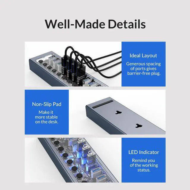Alt view image 6 of 7 - ORICO USB Hub 3.0 Powered 7 Ports USB Data Hub with 12V2A Power Adapter, Individual Power Switches, and LEDs, USB Extension for iMac Pro, MacBook Air/Mini, PS4, Surface Pro, Notebook PC, Laptop, HDD