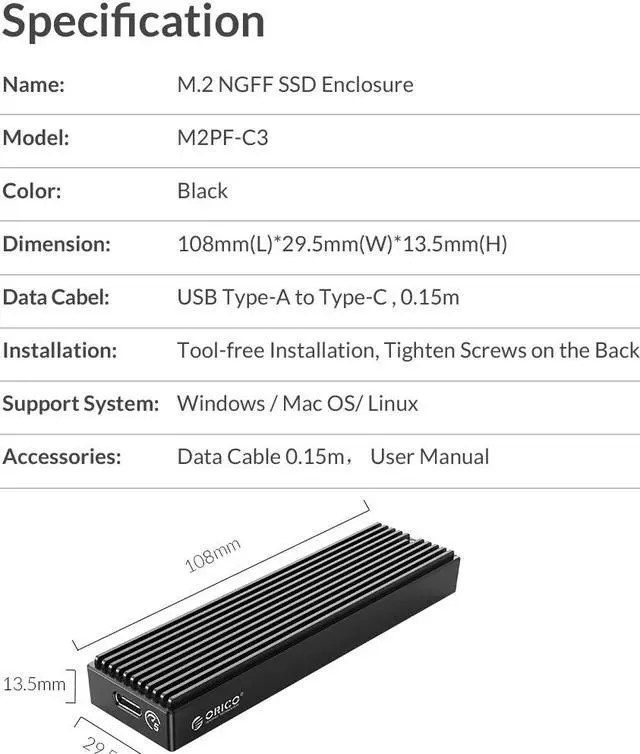 Alt view image 7 of 7 - ORICO M.2 SATA B+M/B Key SSD Enclosure USB3.1 Type-C Omnispeed 5Gbps M.2 NGFF SSD 2TB Max, NOT Support M.2 NVMe SSD