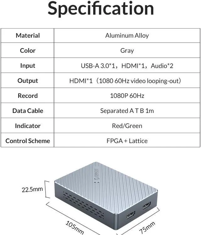 Alt view image 7 of 7 - ORICO Aluminum Video Capture Card HDMI-Compatible To USB3.0 HD 1080P@60Hz Record Game Live Streaming for Camera PC PS3 PS4 TV xbox Linux