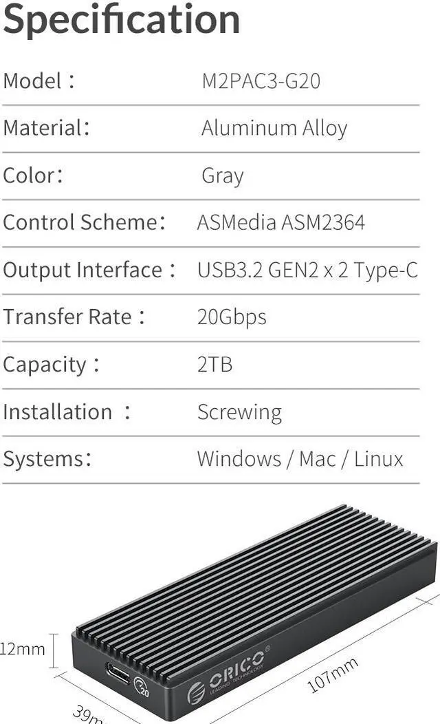 Alt view image 7 of 7 - ORICO M.2 NVMe SSD Case 20Gbps Aluminum M.2 NVMe SSD Hard Drive Enclosure USB 3.2 GEN 2 For M.2 SSD Up to 2TB With A to C and C to C Cables - M2PAC3-G20