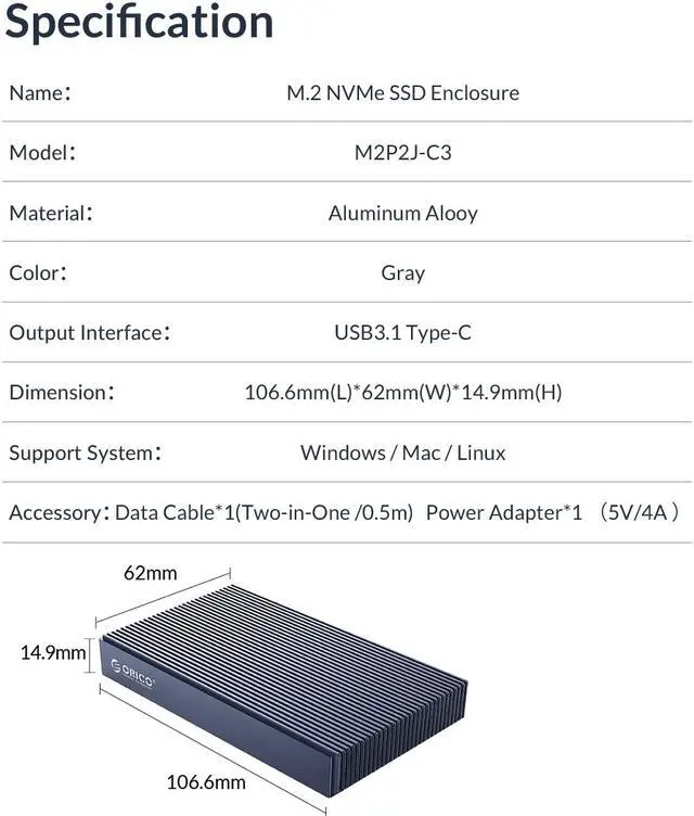 Alt view image 7 of 7 - ORICO Dual Bay M.2 NVMe SSD Enclosure Aluminum USB 3.1 Gen 2 10Gbps M.2 Type-C SSD Docking Station for M Key & M/B Key NVME PCIe SSD Solid State Drive Reader - M2P2J-C3