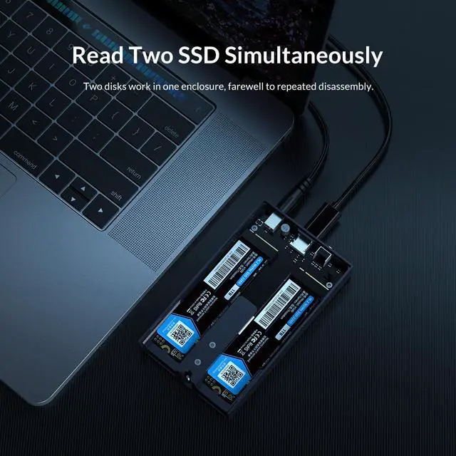 Alt view image 3 of 7 - ORICO Dual Bay M.2 NVMe SSD Enclosure Aluminum USB 3.1 Gen 2 10Gbps M.2 Type-C SSD Docking Station for M Key & M/B Key NVME PCIe SSD Solid State Drive Reader - M2P2J-C3