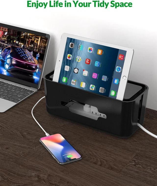 Alt view image 6 of 7 - ORICO Cable Management Box 12.2x5.4x5.11 Inches Organizer with Smartphone Holder Wire, Power Strips, Surge Protectors, Chargers, USB Network HUB Cable Management Box - Black (CMB-18)