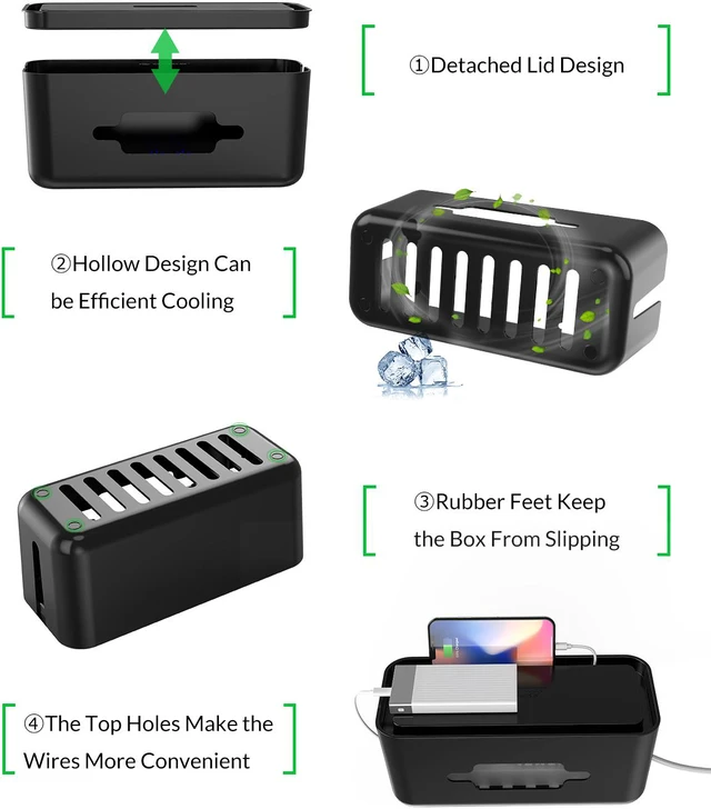 Alt view image 3 of 7 - ORICO Cable Management Box 12.2x5.4x5.11 Inches Organizer with Smartphone Holder Wire, Power Strips, Surge Protectors, Chargers, USB Network HUB Cable Management Box - Black (CMB-18)