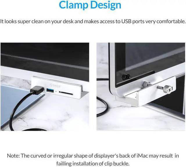 Alt view image 3 of 7 - ORICO MH2AC-U3 Aluminum 2 Ports USB 3.0 Clip-type HUB With SD Card Reader For Desktop Laptop Clip Range 10-32mm With 4.95FT ( 1.5Meter) Date Cable - Silver