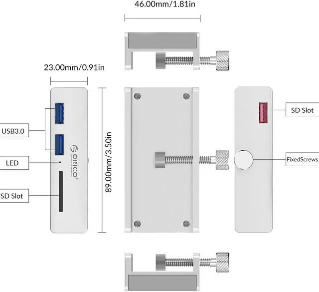 Alt view image 7 of 7 - ORICO MH2AC-U3 Aluminum 2 Ports USB 3.0 Clip-type HUB With SD Card Reader For Desktop Laptop Clip Range 10-32mm With 4.95FT ( 1.5Meter) Date Cable - Silver