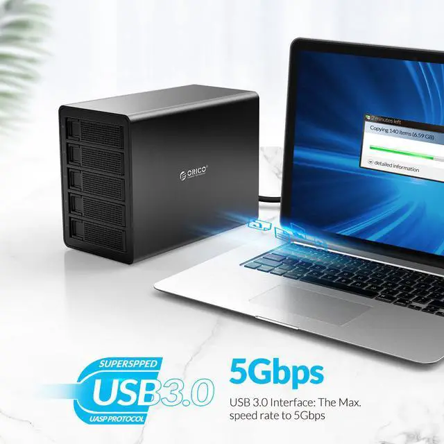 Alt view image 3 of 7 - ORICO Aluminum 5 Bay USB 3.0 to SATA External Hard Drive Enclosure Support 80TB for 2.5/3.5 inch HDD SSD Multi-Bay Hard Drive Case for Enterprise Data Storage Built-in 150W Power No Raid