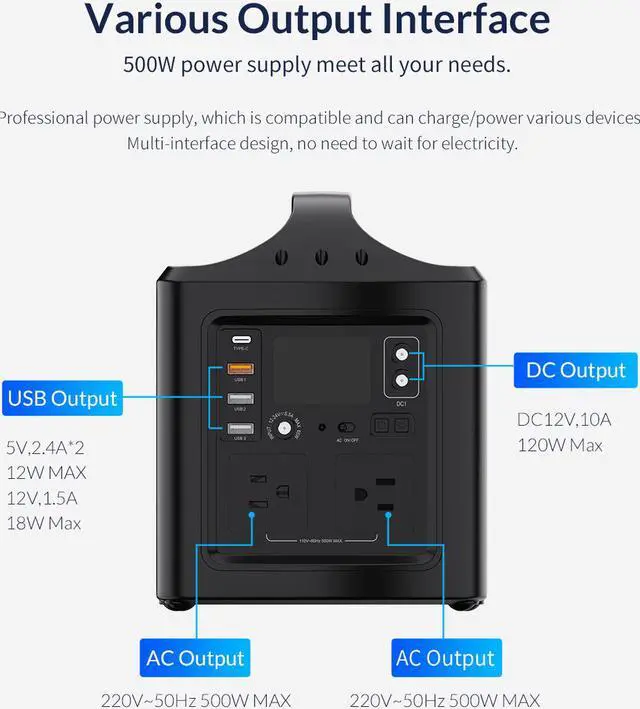 Alt view image 4 of 7 - ORICO 500W Peak Portable Power Station, 500Wh Solar Outdoor Generator 156000mAh/3.6V with 110V AC Outlet/2 DC Ports/4 USB Ports, Backup Battery Power Supply with LED Flashlight for CPAP, Emergency and