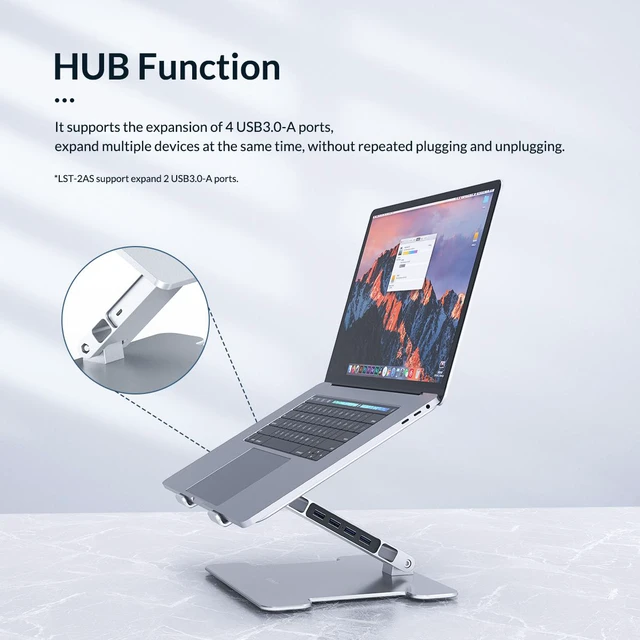 Alt view image 3 of 7 - Aluminum Laptop Stand, ORICO Laptop Holder Riser Computer Tablet Stand Built with 4x USB 3.0 HUB Adjustable Portable Multi-Angle Stand Notebook Holder Compatible For Windows Mac Os Linux