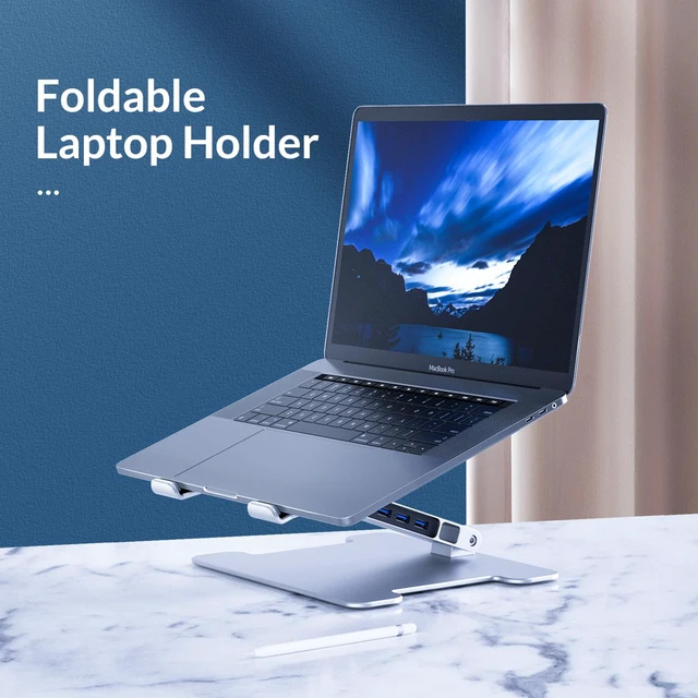 Alt view image 2 of 7 - Aluminum Laptop Stand, ORICO Laptop Holder Riser Computer Tablet Stand Built with 4x USB 3.0 HUB Adjustable Portable Multi-Angle Stand Notebook Holder Compatible For Windows Mac Os Linux