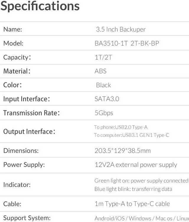 Alt view image 7 of 7 - ORICO 3.5" Portable Storage External Hard Drive 2TB HDD Backed Up Support APP Storage with USB2.0 Type-A & USB3.1 GEN1 Type-C Dual Port for PC/MAC iPhone Android Sync Personal Cloud Storage