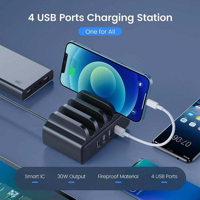 Alt view image 2 of 7 - ORICO 30W 4 Port USB Charger Station, Power Port 4 Multi USB with Phone Holder Function for iPhone, iPad Pro/Air 2/Mini/iPod, Galaxy, LG, HTC, and More-Apply for Home Public