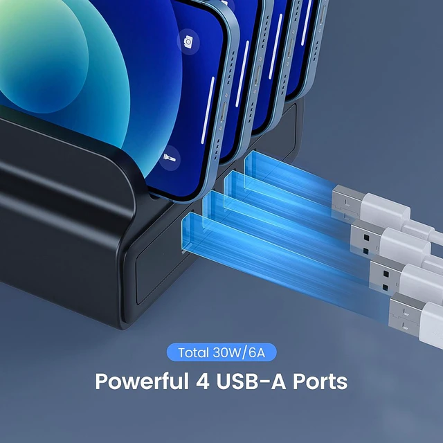 Alt view image 4 of 7 - ORICO 30W 4 Port USB Charger Station, Power Port 4 Multi USB with Phone Holder Function for iPhone, iPad Pro/Air 2/Mini/iPod, Galaxy, LG, HTC, and More-Apply for Home Public