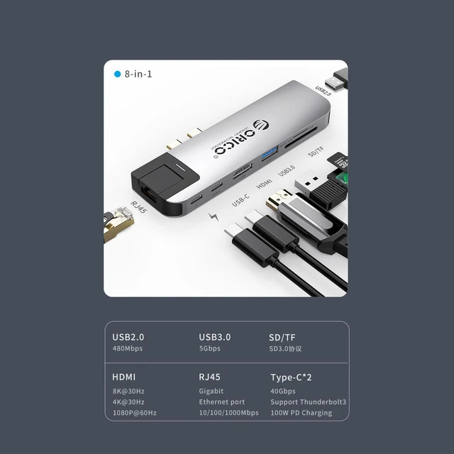 Alt view image 4 of 7 - ORICO USB C Hub, 6-in-1 Type-C to SD TF Card Reader, With 100W Power Delivery Type C Charging Port, 3 USB 3.0 Ports Adapter Compatible for MacBook and Other USB C Laptops