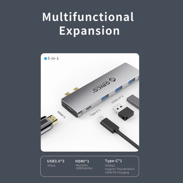Alt view image 2 of 5 - ORICO USB C Hub, 5-in-1 Type-C to HDMI-Compatible Adapter With 100W Power Delivery Type C Charging Port, 3 USB 3.0 Ports Adapter Compatible for MacBook and Other USB C Laptops