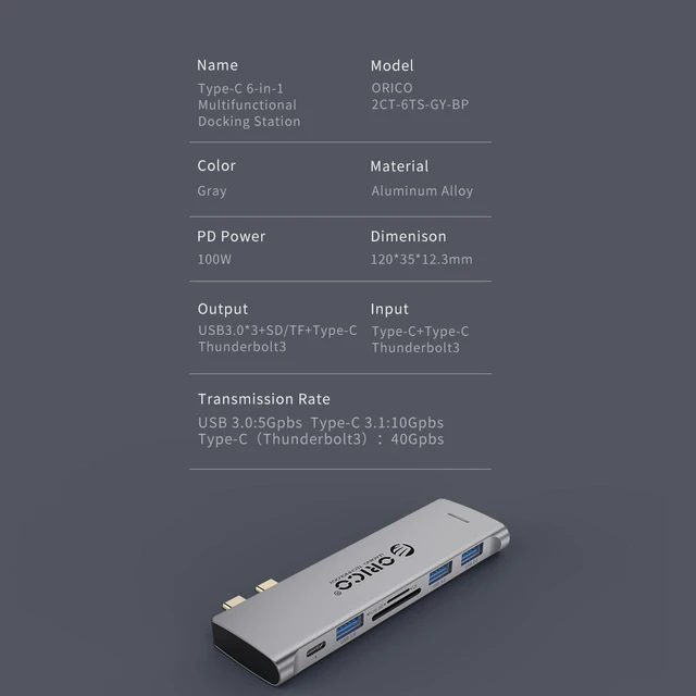 Alt view image 5 of 7 - ORICO USB C Hub, 6-in-1 Type-C to SD TF Card Reader, With 100W Power Delivery Type C Charging Port, 3 USB 3.0 Ports Adapter Compatible for MacBook and Other USB C Laptops