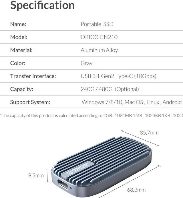Alt view image 7 of 7 - ORICO CN210 Type-C Mini Portable SSD 240GB, 520M/S External Solid State Drive M.2 SATA NGFF USB C External SSD Hard Drives