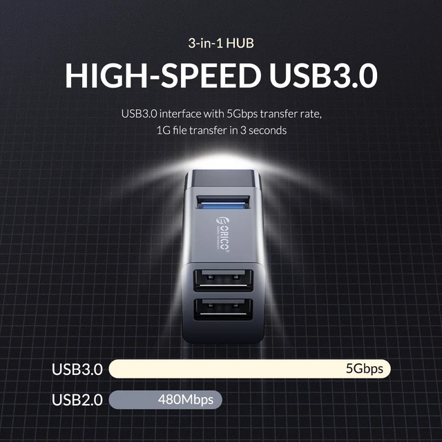 Alt view image 5 of 7 - ORICO USB 3.0 HUB Splitter 3-port High Speed Expanded MINI In-Line Hub Laptop Extender for Desktop Laptop