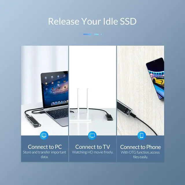 Alt view image 3 of 7 - ORICO M.2 to Type-C SSD Enclosure NGFF Transparent USB3.1 Type-C 6Gbps Support UASP 2TB for PCIE NGFF SATA B key SSD Disk - Blue